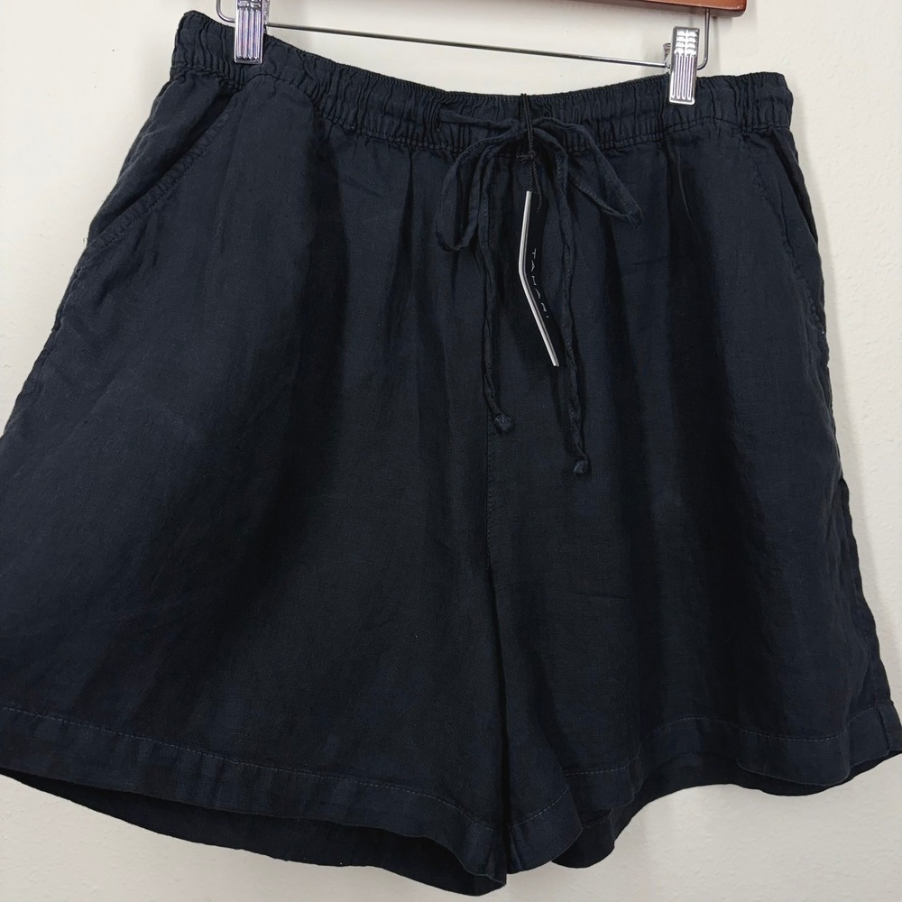 Tahari NWT Womens Linen Shorts XL Black Drawstring Elastic Waist Pockets Beach